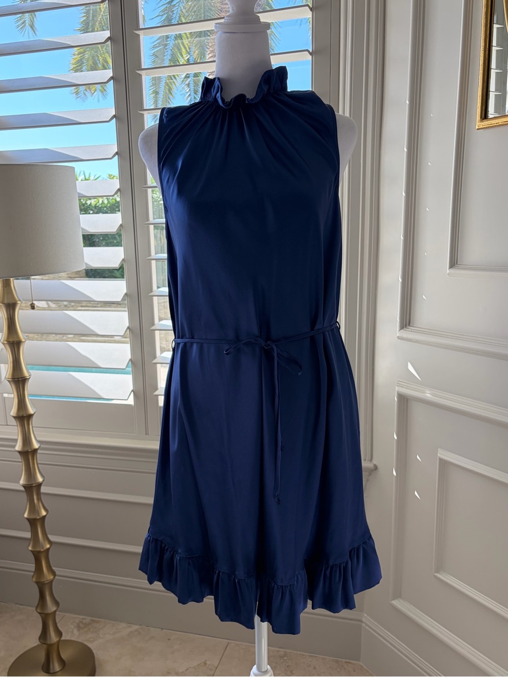 100% Silk Ruffled High-Neck Navy Mini Dress with Tie Waist